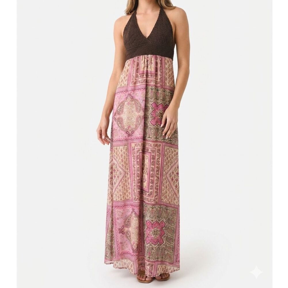 Vintage Y2K XOXO Boho Maxi Dress Crochet Paisley Patchwork Summer Dress Med